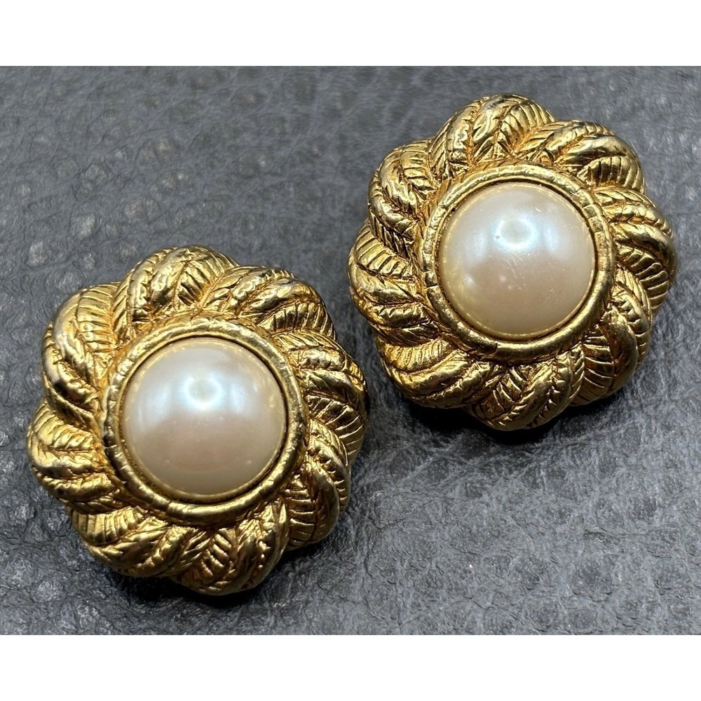 Vintage Carolee 80s Faux Pearl Woven Rope Clip On Chunky Earrings Gold Tone